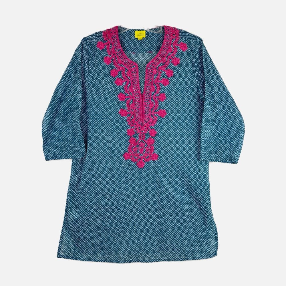 ROLLER ROBERT Womens Boho Blue Embroidered Tassel Cotton V-Neck Tunic Top Size S